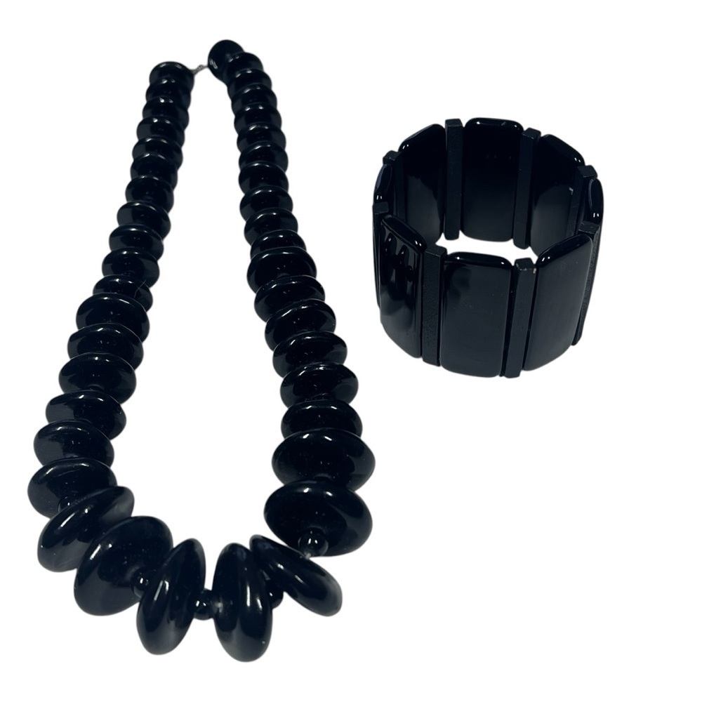 VINTAGE RETRO Chunky Black Resin Plastic Necklace Bracelet Set